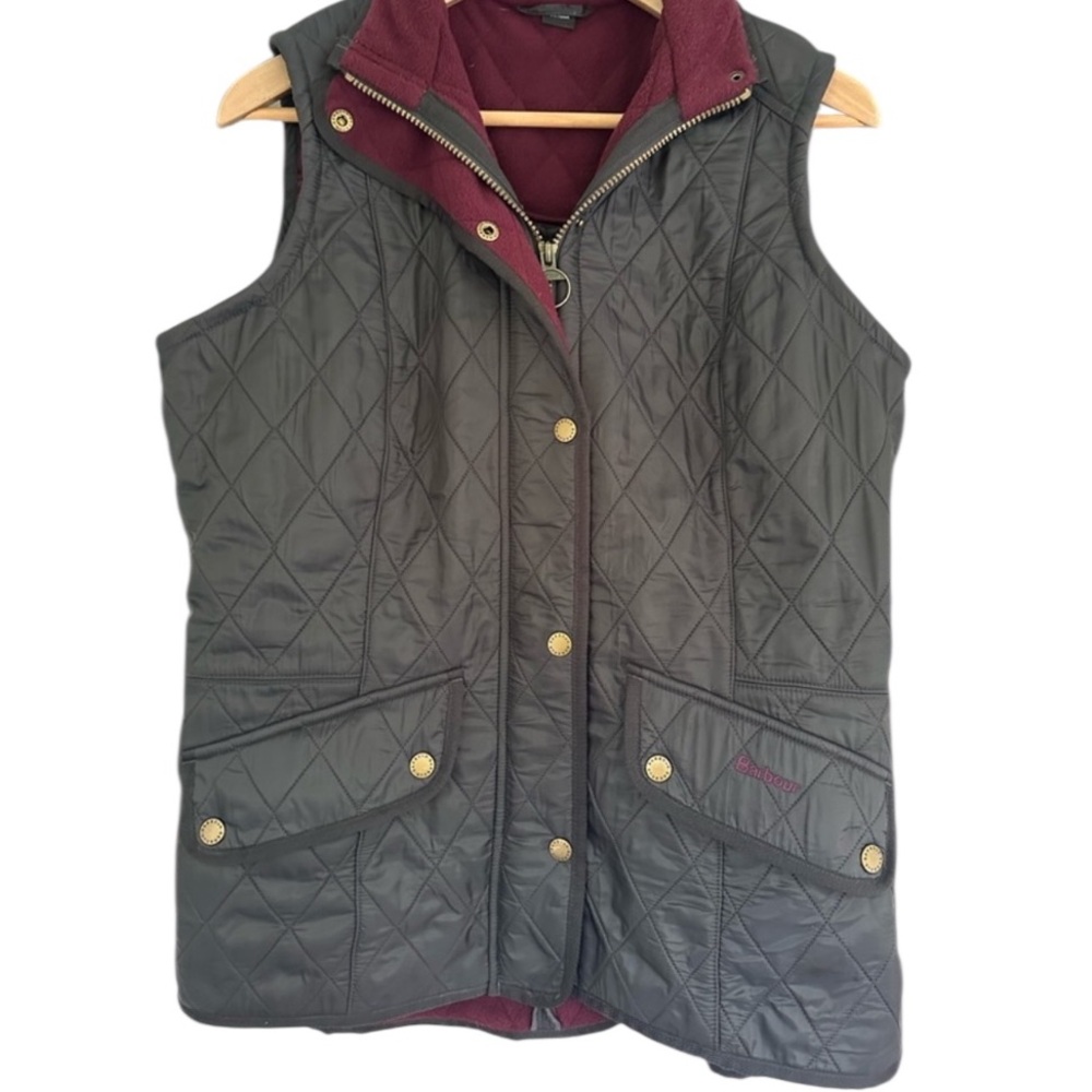Barbour Women's Quilted Wray Gilet Vest Black Burgundy Fleece Interior Size 10 - Picture 8 of 14